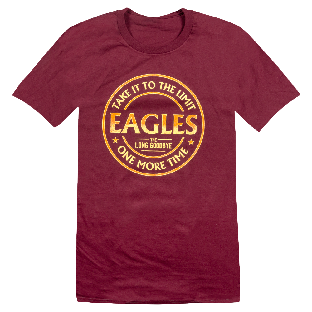 tee-maroon-front eagles logo in circle take it to the limit-back the long goodbye tour cities