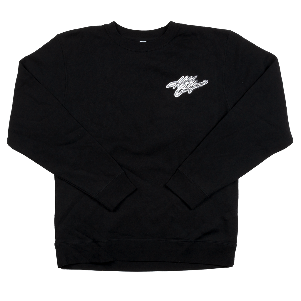 crewneck sweatshirt-black-front hotel california  logo-back hotel california building with palm trees