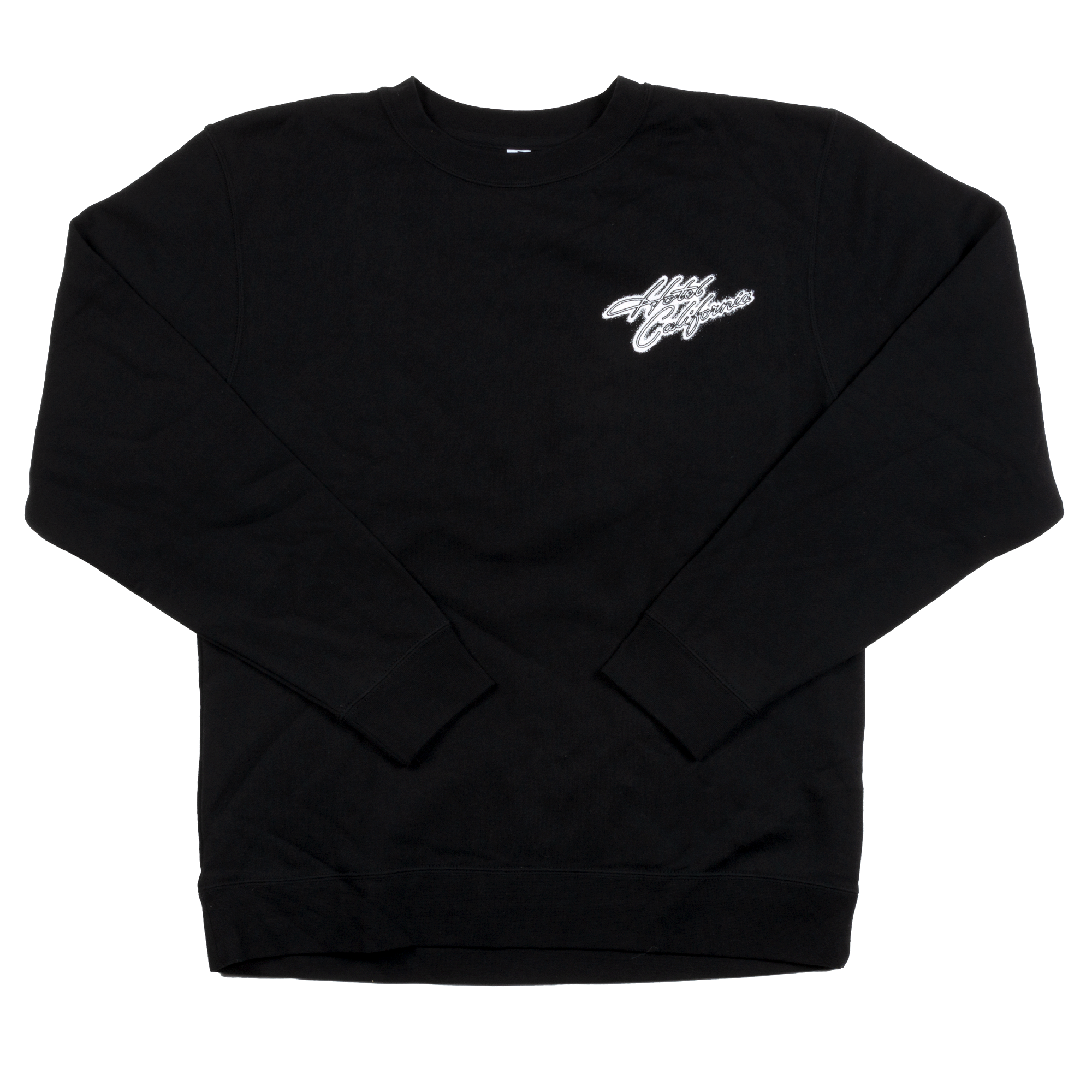 crewneck sweatshirt-black-front hotel california  logo-back hotel california building with palm trees