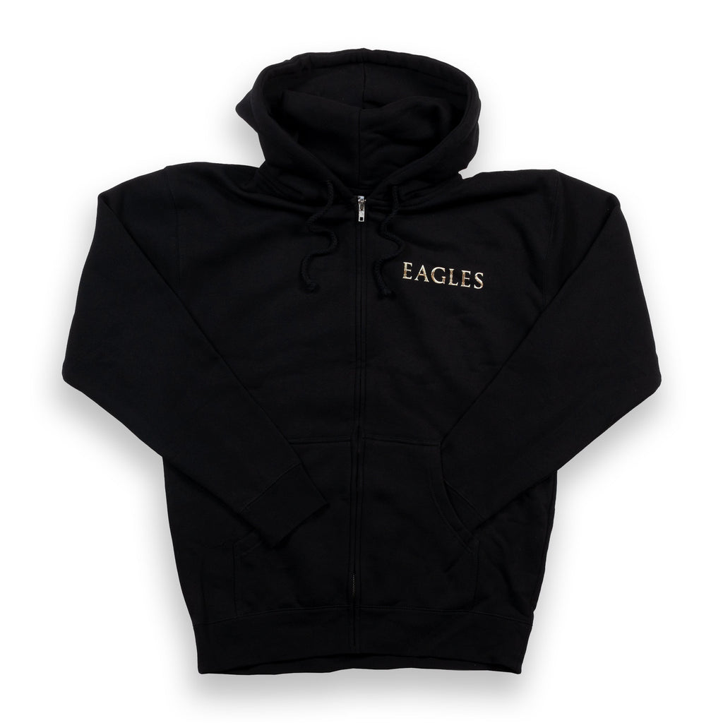 zip up hoodie-black-front eagles logo-back fifty years with animal skull