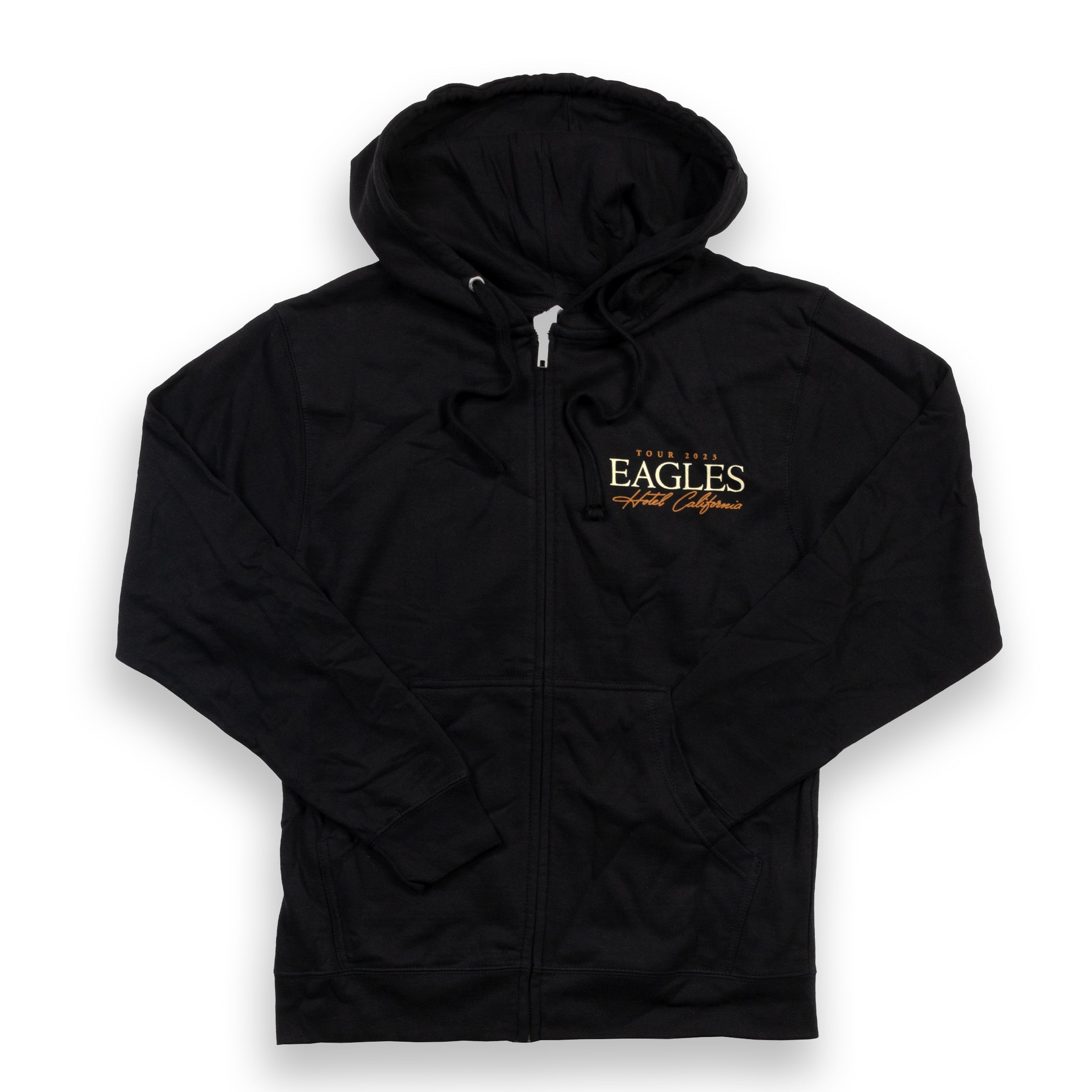 zip up hoodie-black-front tour 2023 eagles hotel california-back hotel california building tour 2023