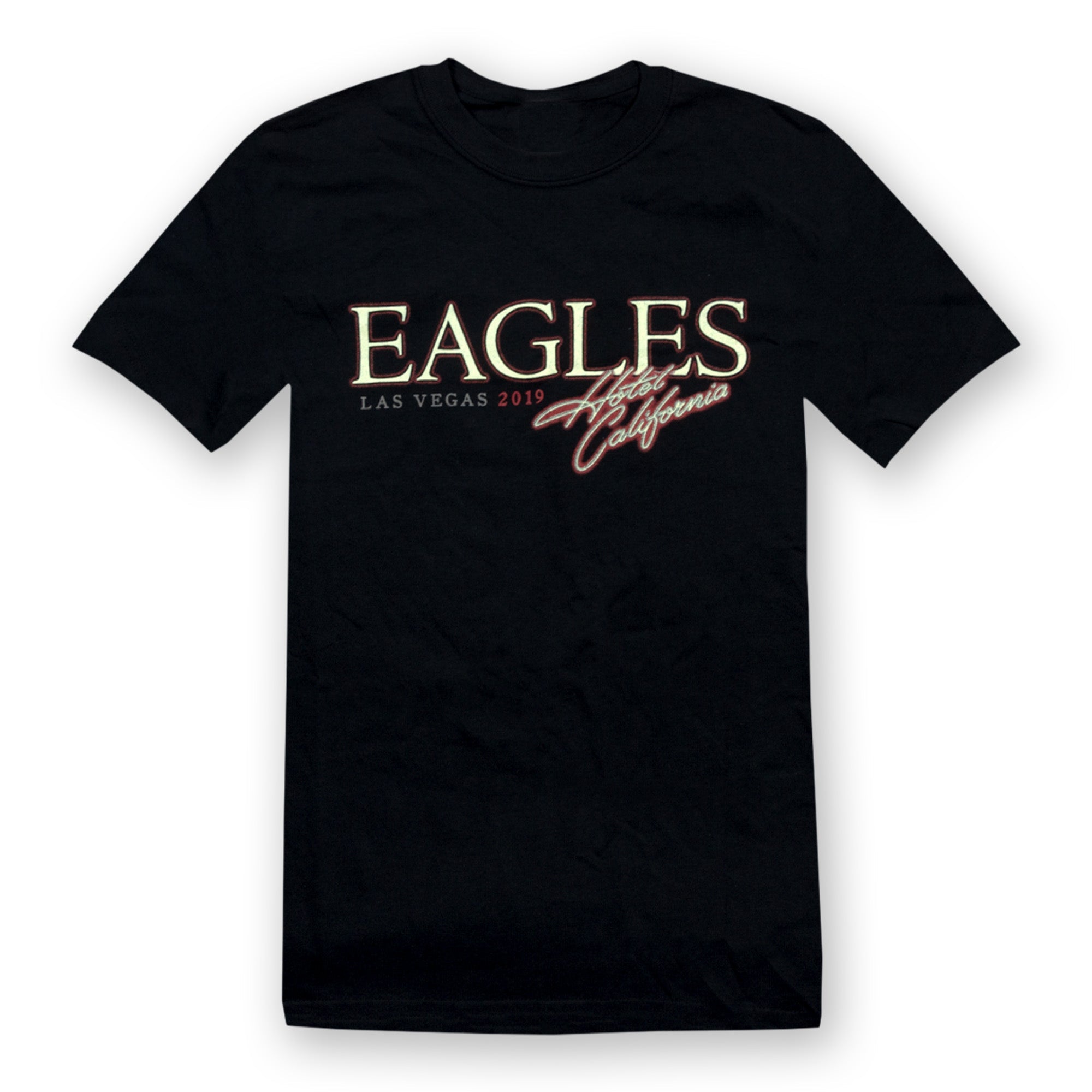 tee-black-front las vegas 2019 eagles logo-back eagles group photo with guitars hotel California