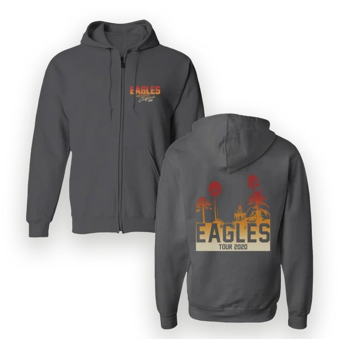 zip up hoodie-dark grey-front eagles hotel california 2020-back hotel california building with palm trees tour 2020