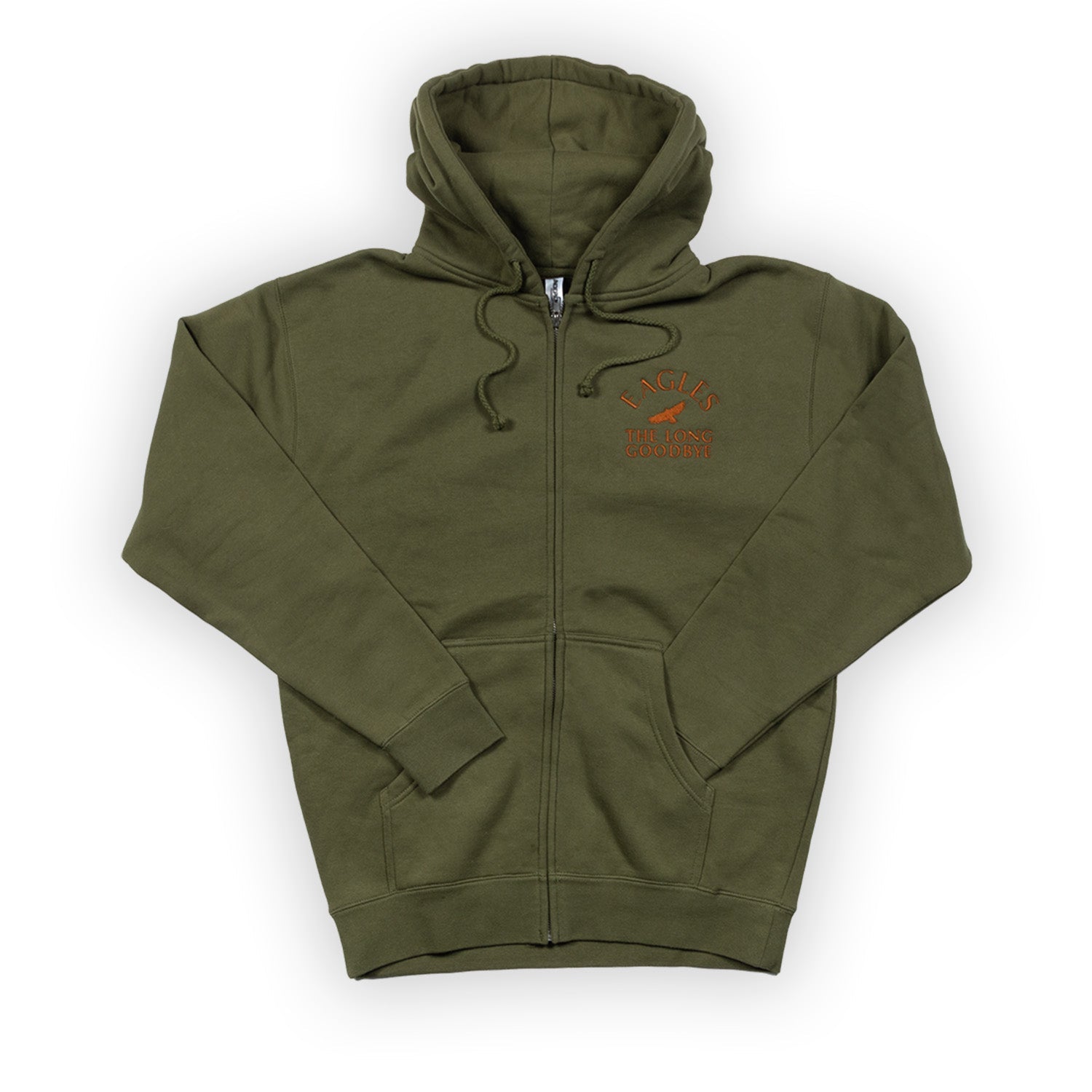 zip up hoodie-army green-front eagles logo with small eagle the long goodbye-back the long goodbye tour dates 2023