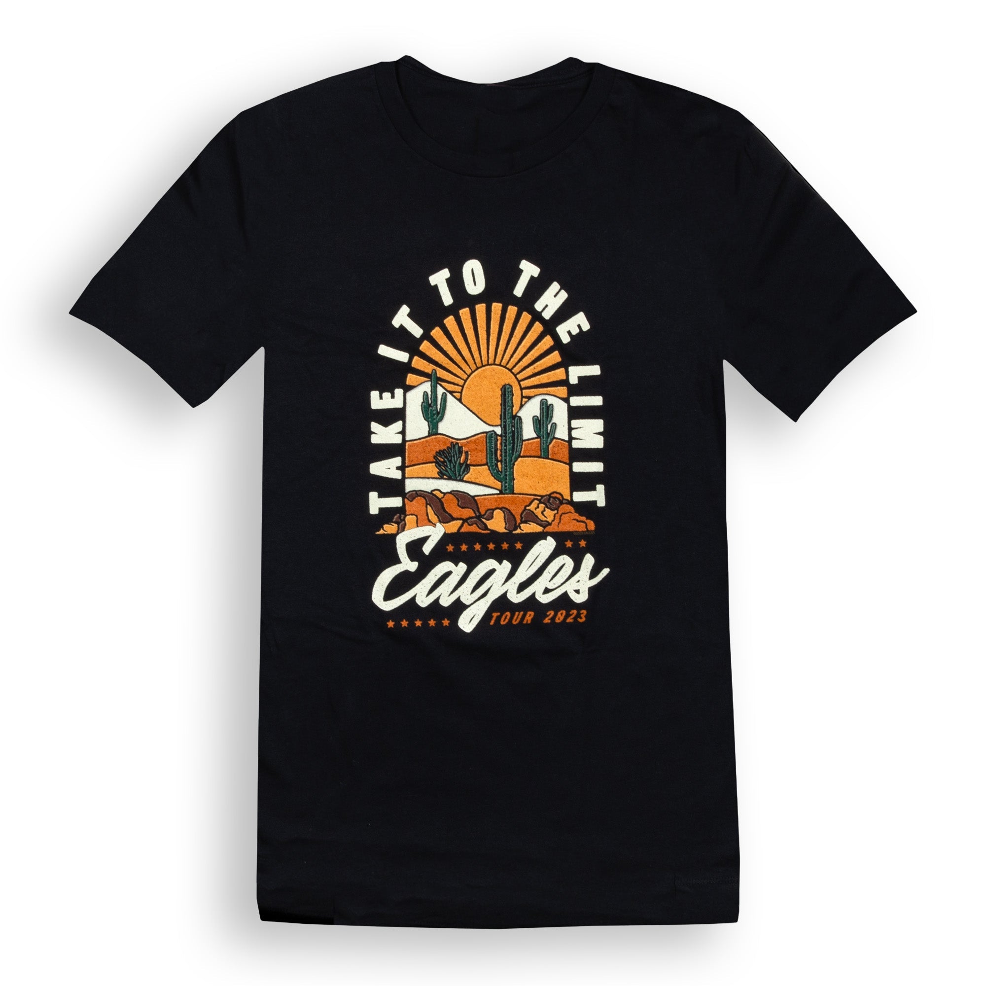 tee-black-take it to the limit eagles tour 2023 with cactus in desert sunset