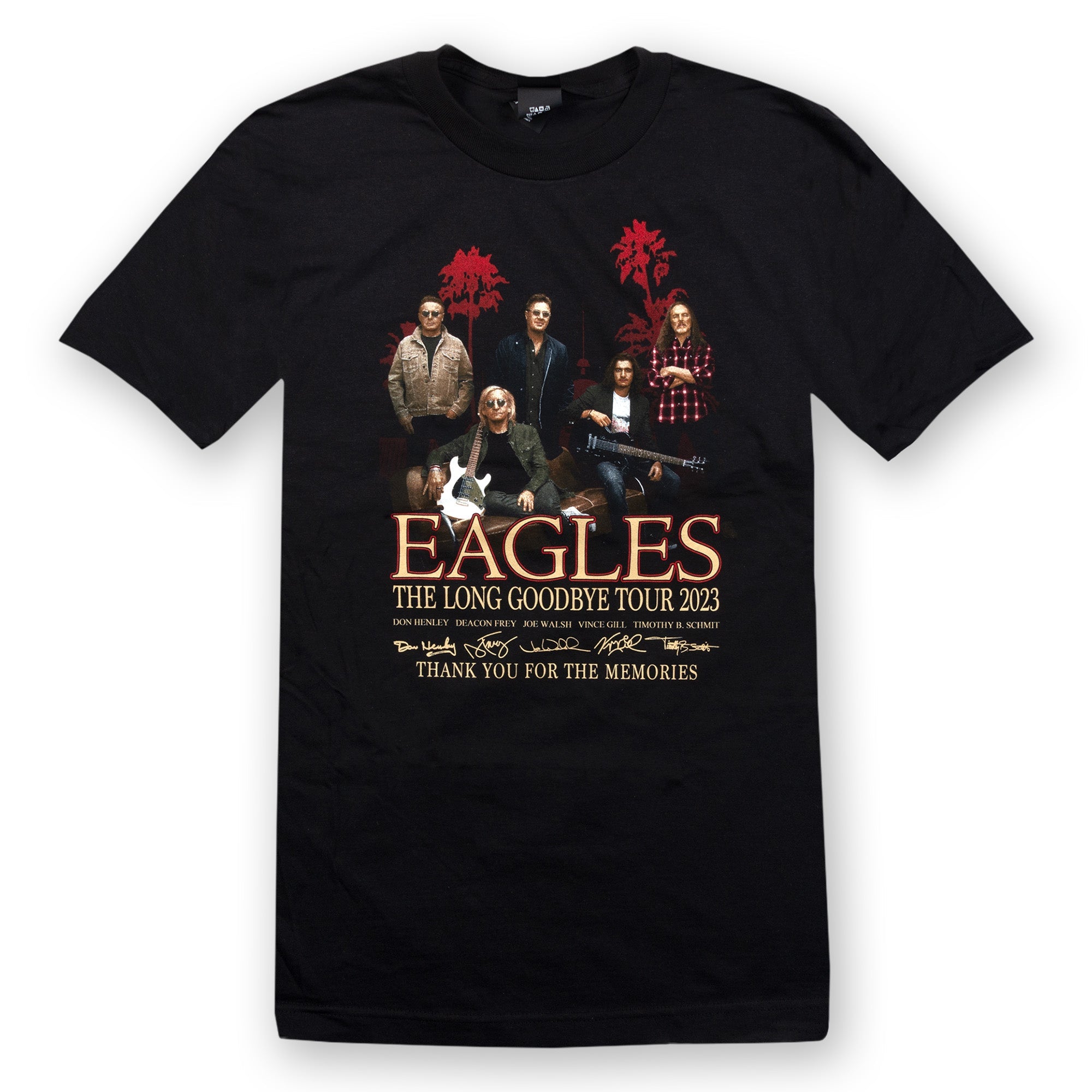 tee-black-eagles group photo with guitars the long goodbye tour 2023 with signatures 