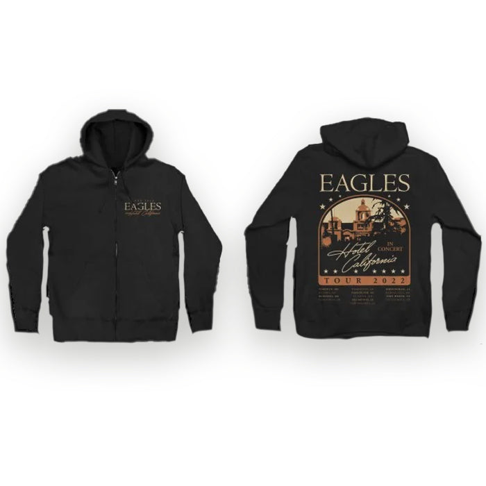 zip up hoodie-black-front tour 2022 eagles cursive hotel california-back hotel california building tour 2022 cities 